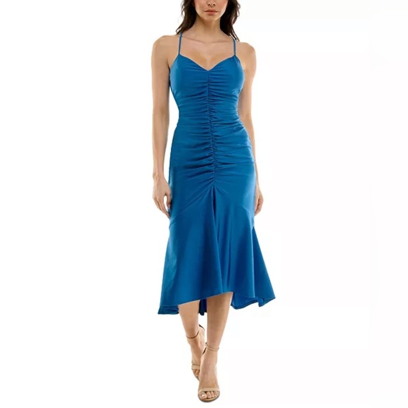 Emerald Sundae Juniors' Ruched Blue Midi Dress - Picture 1 of 8
